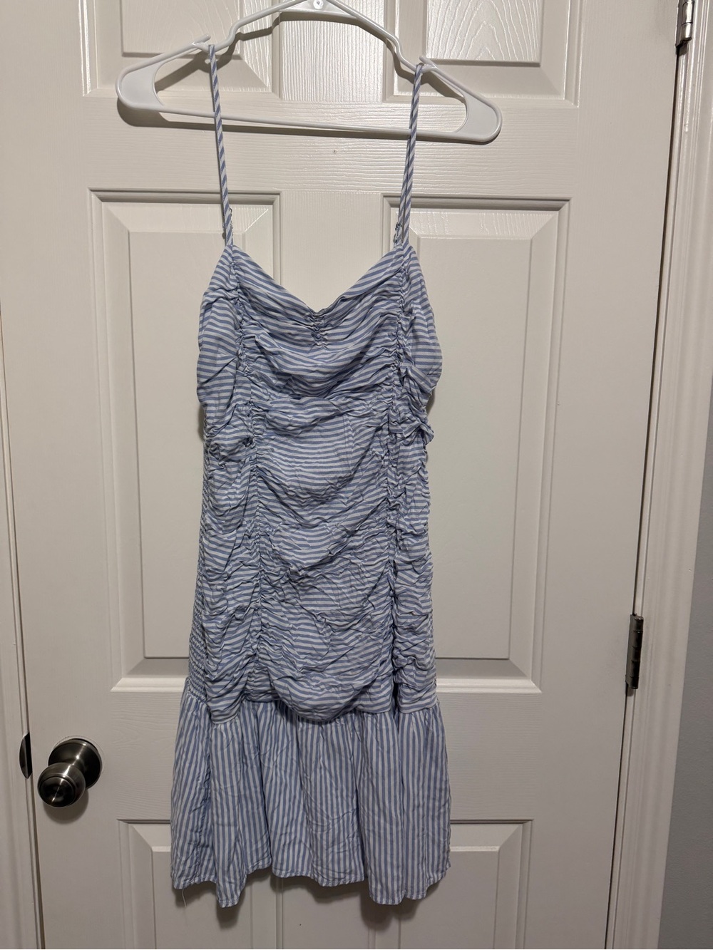 SO Light Blue and White Striped Ruched Mini Dress